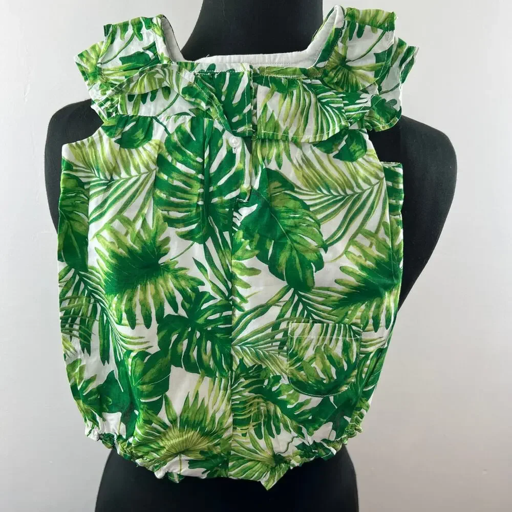 Janie and Jack White Green 6-12 M Bodysuit Cotton Ruffle Neck Tropical Print NEW
